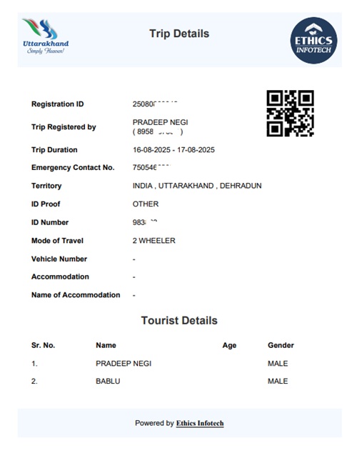 Mussoorie Tourist Registration Trip letter image