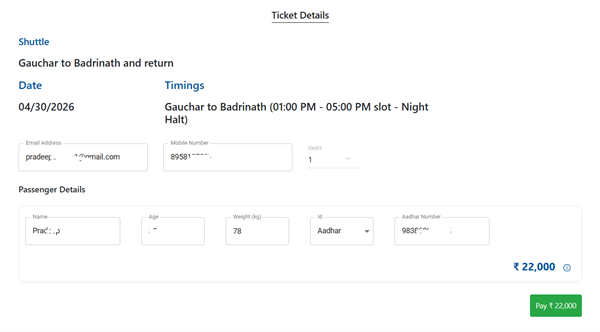 Badrinath Ticket Booking Details